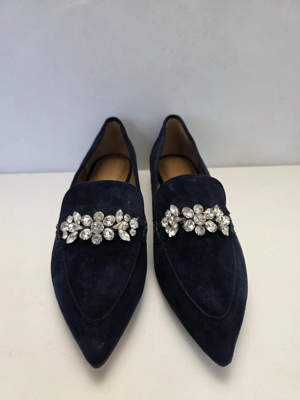 Talbots Navy Suede Pointed Toe Loafer with Crystal Brooch
